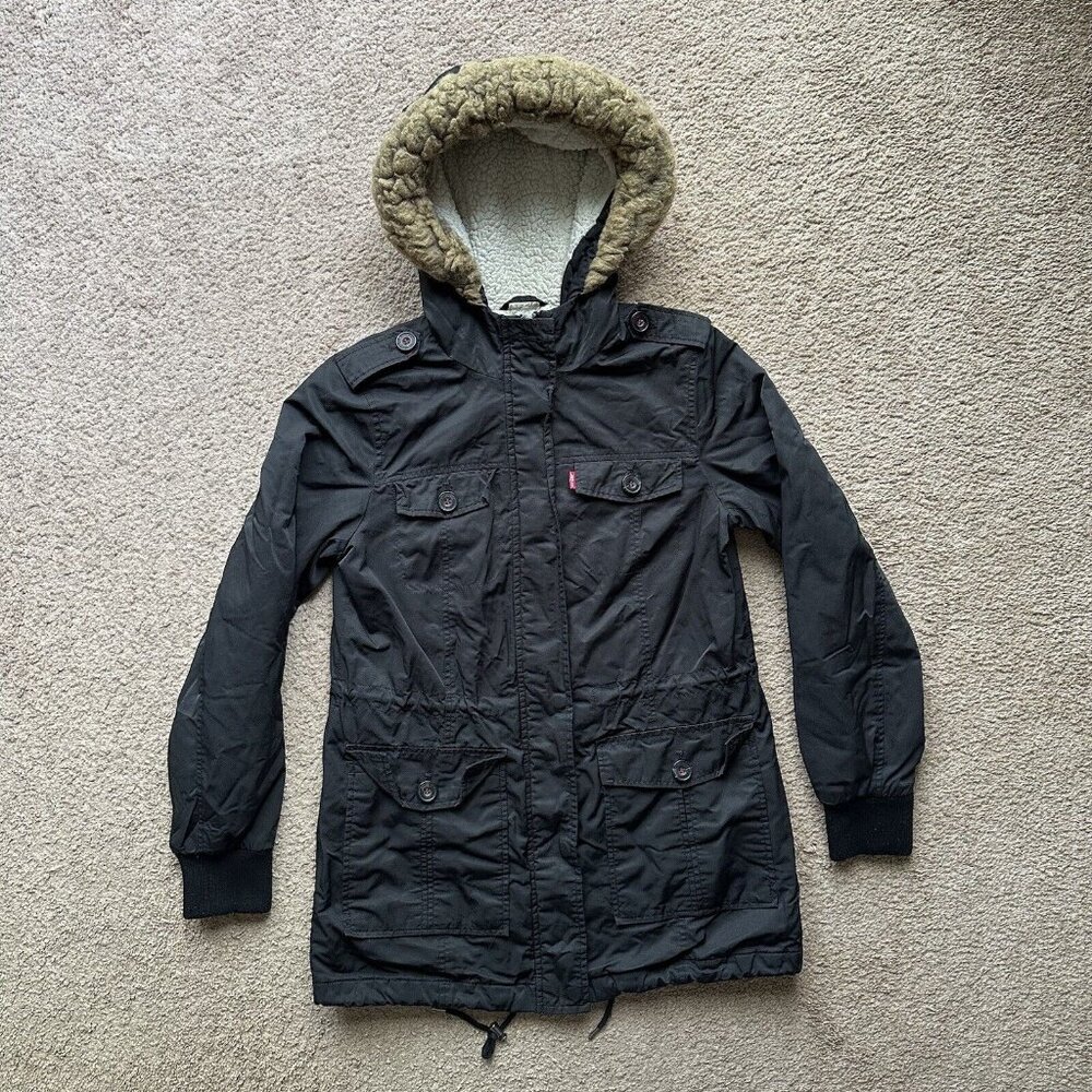 Levi Jacket Womens Small Full Zip Pockets Black Hood Sherpa Fleece Lined